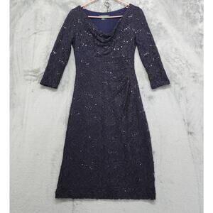 Ralph Lauren Dress Size 6 Blue Sequin Lace Cowl Neck‎ 3/4 Sleeves Knee Length